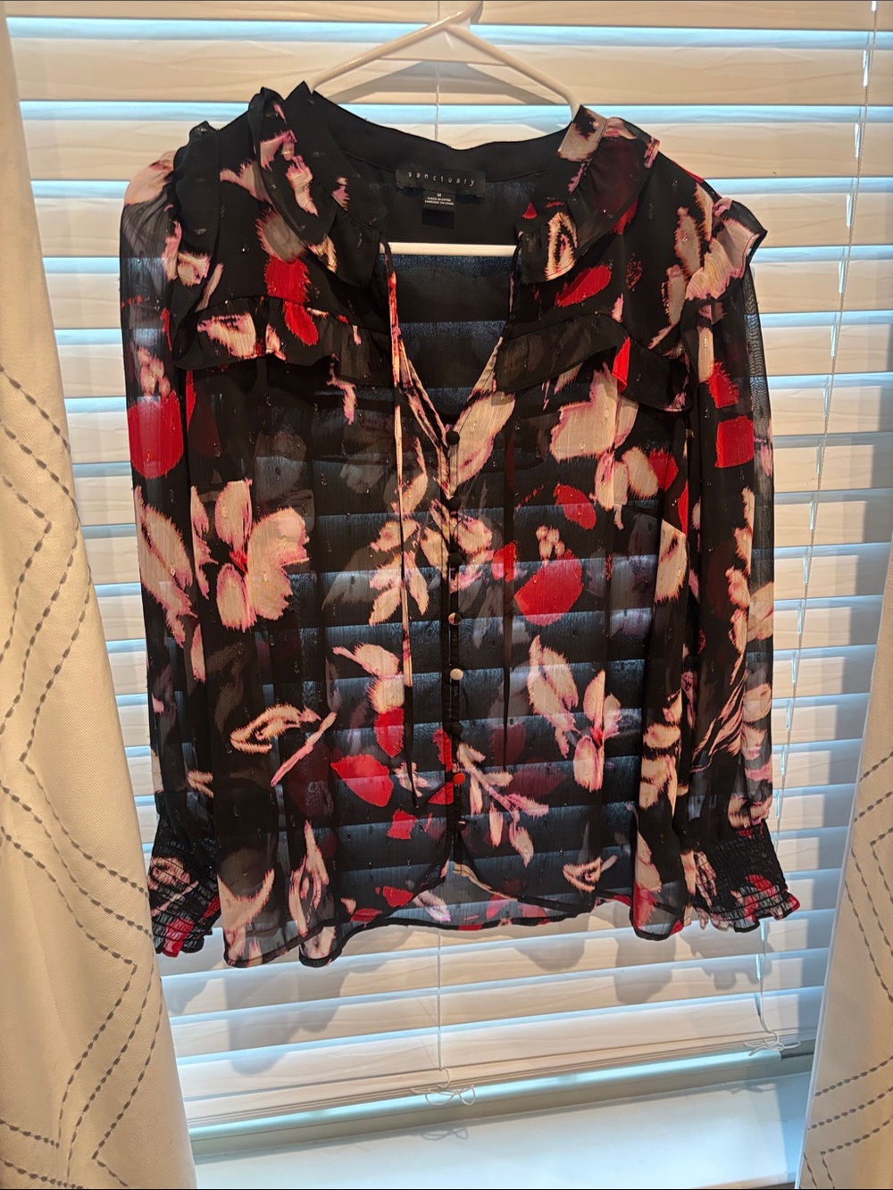Sanctuary Black Sheer Blouse with Red & Pink Floral